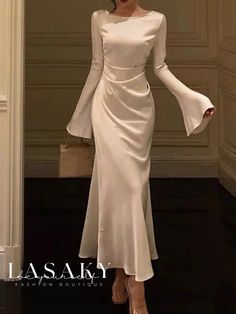 Lasaky - Chic Crew Neck Event Dress Prom Dresses Elegant, White Long Sleeves, Chique Outfits, Dresses Spring, Elegant Party Dresses, Vintage Flare, Nails Makeup, Hair Nails, Prom Dresses Long With Sleeves