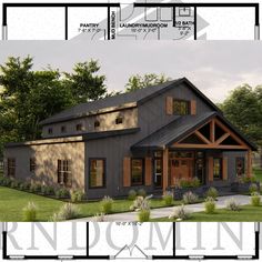 this is an artist's rendering of a modern farmhouse style home with open floor plans