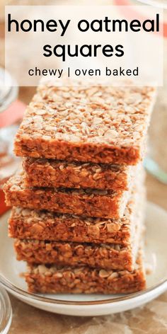 honey oatmeal squares stacked on top of each other with text overlay