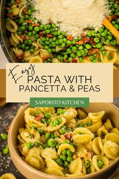 pasta with pancetta and peas in a skillet on top of a table