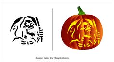 two pumpkins with designs on them and one has a skeleton in the shape of a cat