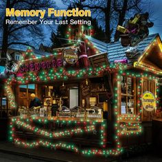 the front of a building with christmas lights on it and an image of a bar