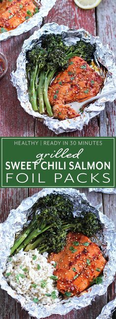 two foil pans filled with salmon and vegetables