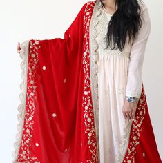 "Indian Ethnic Zardosi Hand Embroidery Red Velvet Classic Wedding Shawl, Beautiful Designed Dupatta Complement your outfit with this Royal Velvet Shawl. This is a very easy to style shawl and it can be paired with any top, blouse, dress, or any other thing, no doubt you'll stand out from the crowd. Dimension : 40\" X 90\" (100cm X 225 cm) approx. Care Instructions:  Dry Clean." Shawl Designs Indian, White Dress With Red Dupatta, Wedding Embroidered Dupatta For Navratri, Red Sharara With Intricate Embroidery For Transitional Season, Red Sharara With Intricate Embroidery, Red Anarkali Saree With Embroidered Border, Embroidered Chinon Kurta For Wedding, Long Embroidered Georgette Lehenga, Embroidered Long Lehenga For Diwali