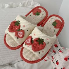 Strawberry Designs - A collection by Storenvy Strawberry Slippers, Embroidered Slippers, Linen Slippers, House Slide, White Slippers, Dr Shoes, Bedroom Slippers, Cute Slippers, Comfortable Slippers