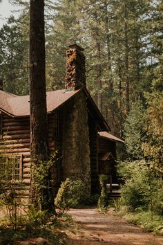 an old log cabin in the woods