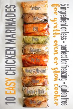 four different types of meat wrapped in plastic wrappers on top of each other with the words easy chicken wraps