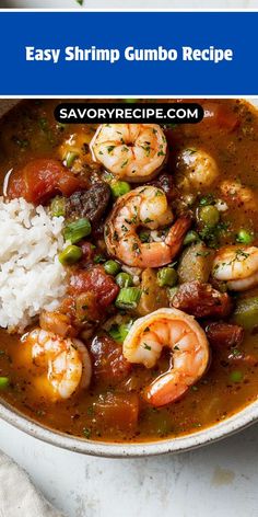 shrimp gumbo recipe in a white bowl with rice and garnish on the side