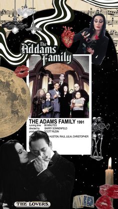 an advertisement for the adams family, with images of people and musical instruments on it