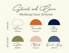 the wedding color scheme is shown with different colors and font options for each bride's name