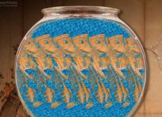 a fish bowl filled with lots of goldfish swimming in it's water and surrounded by blue bubbles