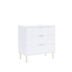 a white dresser with three drawers and two gold handles on the bottom, against a white background