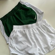 Nike Dri-Fit Running Shorts With Built In Briefs. This Listing Is For Both Shorts. The White One Is Brand New, Never Worn And The Green One Is In Excellent Condition. Nike Sets, Sporty Shorts, Nike Dri Fit Shorts, Summer Inspo, Nike Green, Sporty Outfits, Clothes Ideas, Shorts Athletic, Nike Shorts