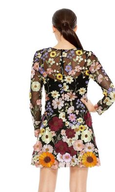 Long sleeve black floral print embroidered short party dress. Cute Hoco Dresses, Party Dresses With Sleeves, Embroidered Cocktail Dress, Junior Party Dresses, Floral Dresses Short, Short Homecoming Dress, Short Cocktail Dress, Mac Duggal, Floral Short