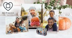 three photos are placed next to each other on a table with pumpkins and greenery