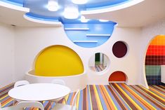 a room with colorful walls and flooring that looks like it has been designed to look like a spaceship