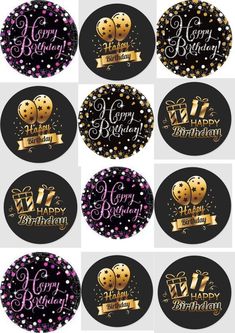 happy birthday stickers with gold and purple confetti