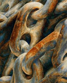 an abstract painting of chains in brown and blue tones