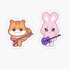 two stickers with cartoon animals playing guitars