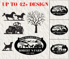 four farm logos with horses, tractor and trees in the background are shown on white paper