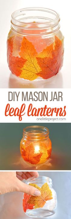 a mason jar filled with leaf lanterns is shown in the process of making it look like fall