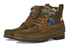 PRICES MAY VARY. An array of Ralph Lauren’s exclusive outdoors-themed patches accent this rugged suede boot, which is paneled with waxed twill at the shaft. It is finished with utilitarian-inspired lacing, a hand-stitched toe, and a leather welt. Rounded toe with hand-stitched detailing. Upper lined with velvet. Collar lined with leather. Leather welt. Rubber lug outsole. Imported. Velvet Collar, Polo Ralph Lauren Mens, Suede Boots, Hand Stitched, I Dress, Hiking Boots, Polo Ralph, Special Features, Style Me