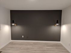 an empty room with two lights on the wall