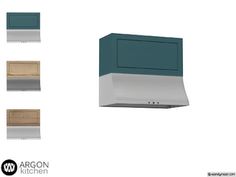 the kitchen range hood is shown with different colors and finishes, including white, blue, green