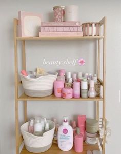 the shelves are filled with beauty products and personal care items