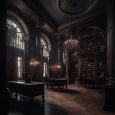 an old library with tables and chandeliers