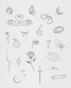 a drawing of various objects that are drawn in pencil on paper, including roses and other things