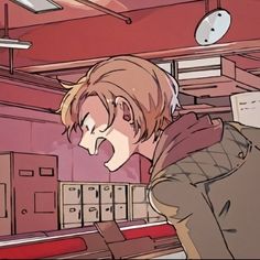 an anime character with his mouth open in a room full of lockers and boxes