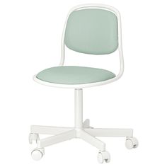 an office chair with wheels and a light green seat pad on the back of it