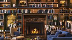 a living room filled with furniture and a fire place in the middle of bookshelves