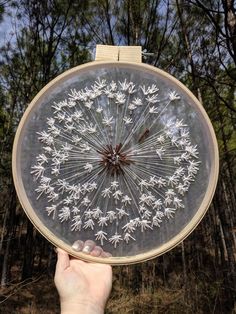 a person holding up a cross - stitch project in front of some trees