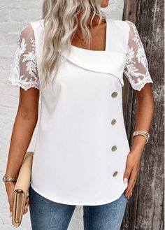 Color:White;Size:S;Size:M;Size:L;Size:XL;Size:XXL;Package Contents:1 X Blouse;Occasion:Other;Style:Casual; Elegant Patchwork Summer Tops, Elegant Summer Patchwork Tops, Elegant Spring Tops With Splicing Details, Elegant Spliced Tops For Summer, Spring Party Blouse With Splicing, Elegant Party Tops With Splicing Detail, Elegant Party Tops With Splicing, White Short Sleeve Blouse With Patchwork, Elegant White Patchwork Top