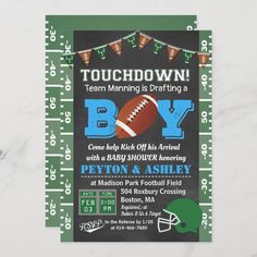 a football themed birthday party card with the words touchdown boys and an image of a football on it