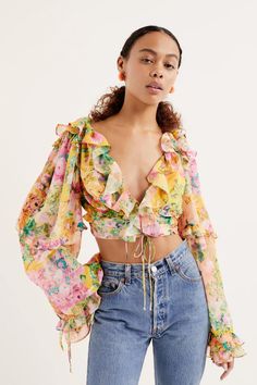 For Love & Lemons - Nina Top Yellow Floral Blouse, Denim Bottoms, Trip Outfits, Birthday Outfits, Cardigan Sweater Jacket, Gothic Dress, Birthday Dress, Floral Print Blouses, Crop Top Blouse