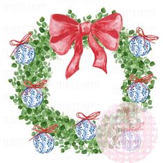 a watercolor wreath with red bow and ornaments