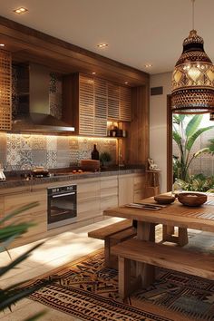 a wooden table sitting under a hanging light next to a stove top oven in a kitchen