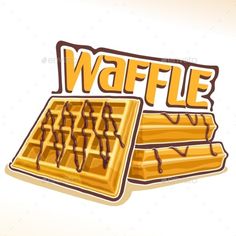 two waffles with chocolate syrup on them and the word waffle below it