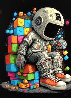 a painting of an astronaut sitting on top of a rubix cubes wall with his feet up