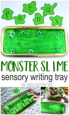 the monster slime writing tray is an easy and fun way to teach kids how to write