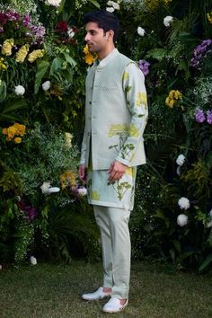 Mist green chanderi quilted waistcoat with floral hand block print. Comes with trouser and a kurta. - Aza Fashions Quilted Waistcoat, Kurta Set Men, Nehru Jacket, Nehru Jackets, Hand Block Print, Kurta Set, Mandarin Collar, Aza Fashion, Block Print