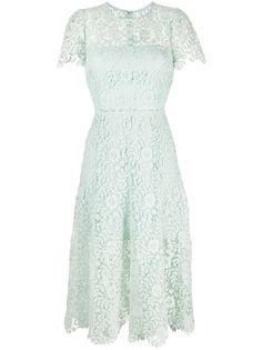 light blue floral-lace detailing crew neck short sleeves scallop hem below-knee length Luxurious Party, Midi Lace Dress, Beautiful Wardrobe, Midi Dress Green, Portrait Dress, Self Portrait Dress, Scallop Hem, Rose Lace, Green Midi Dress