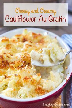 cheesy and creamy cauliflower au gratin in a red casserole dish