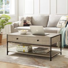 a living room with a couch, coffee table and laptop