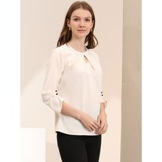 A comfy solid-color shirt is updated with perfectly pleated 3/4 sleeves for understated charm. Made of soft Chiffon fabric, this button-closure blouse with keyhole back detailing is designed for easy-to-wear, and ensures you stay comfy all day long. Styled with a simple round neck with a keyhole along with delicate pleated details on the 3/4 sleeves, it brings elegant impact to your basic wardrobe. Three Quarter Sleeve Blouses, Basic Wardrobe, Women's Blouses, Solid Color Shirt, Color Shirt, Wardrobe Basics, Work Office, Chiffon Blouse, Womens Clothing Sizes