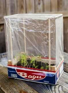 a box with plants in it sitting on top of a wooden table