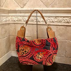 New Without Tags - Glenda Gies “Vivienne” Red & Orange Tapestry Style Floral Carpet Shoulder Bag. The Perfect Satchel Shoulder Bag With Easy Zip Closure. Pristine Condition! Brown Leather Handle Straps And Gold Hardware. Gtd/Ao Red Hobo Bag With Leather Handles For Errands, Red Handheld Shoulder Bag With Leather Handles, Red Shoulder Bag With Braided Handles For Errands, Red Hobo Bag With Braided Handles, Carpet Handbags, Red Top Handle Shoulder Bag With Braided Handles, Red Bag With Braided Handles For Errands, Red Double Handle Hobo Bag With Leather Handles, Designer Multicolor Bags With Braided Handles